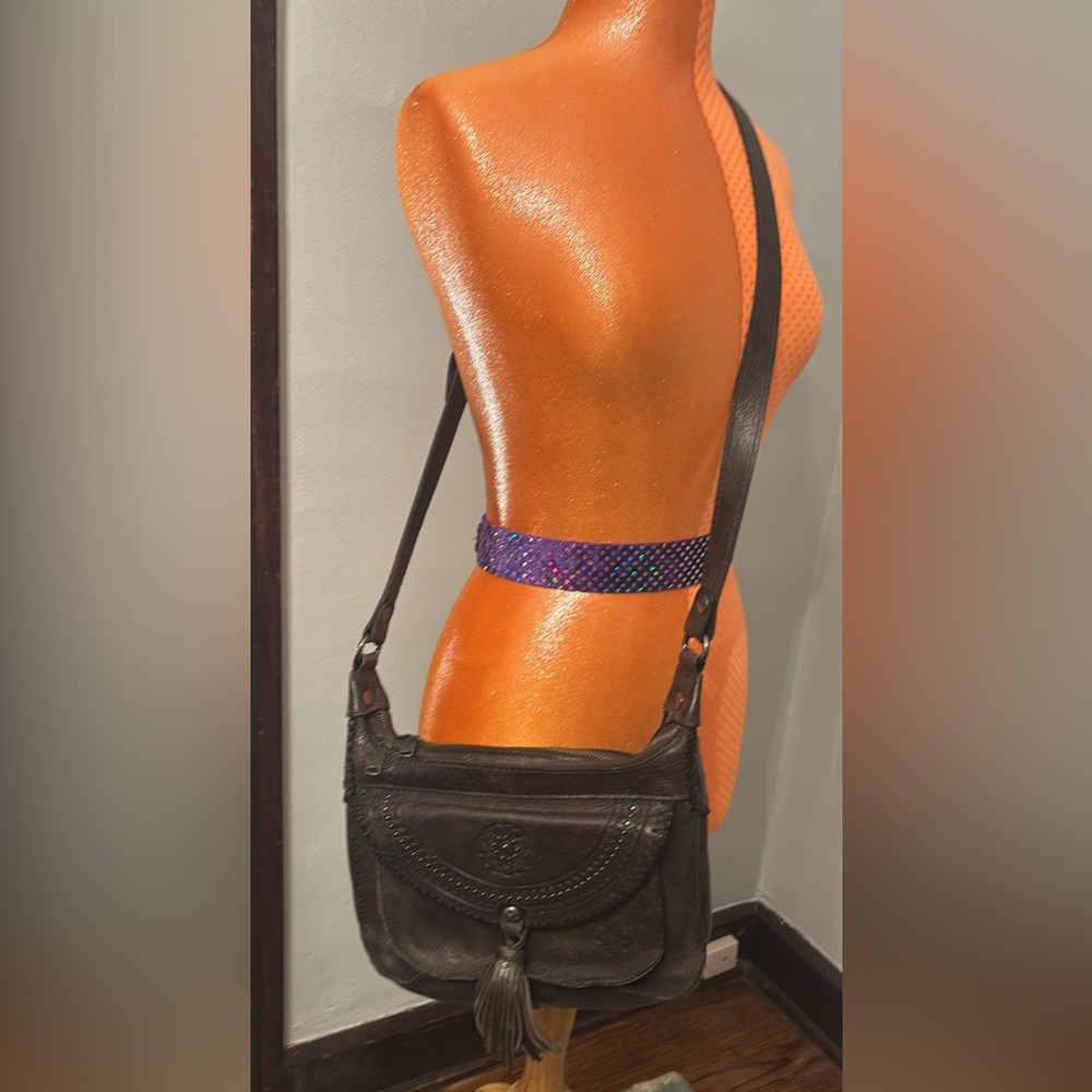 Patricia Nash Beaumont Crossbody Bag Cognac Brown Leather Tooled Design